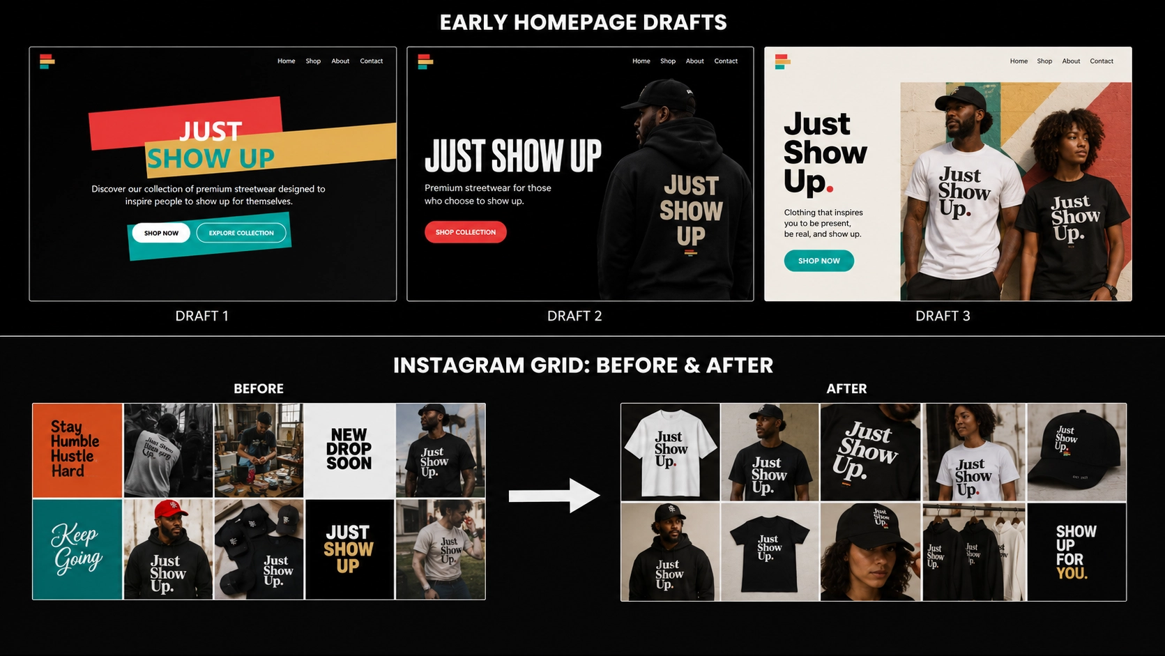 Just Show Up early homepage drafts and Instagram grid before and after