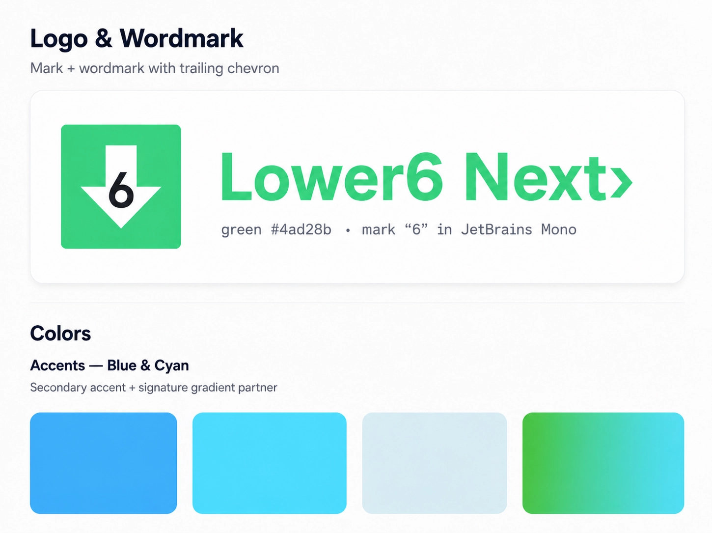 Lower6 Next™ style guide — logo, wordmark, and accent color system