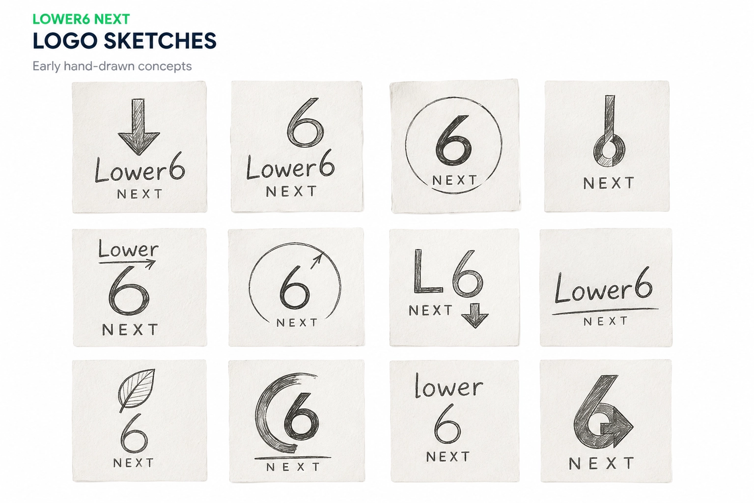 Lower6 Next™ early hand-drawn logo sketches