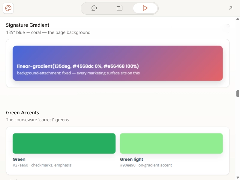 Magister founding decisions — signature gradient and semantic green